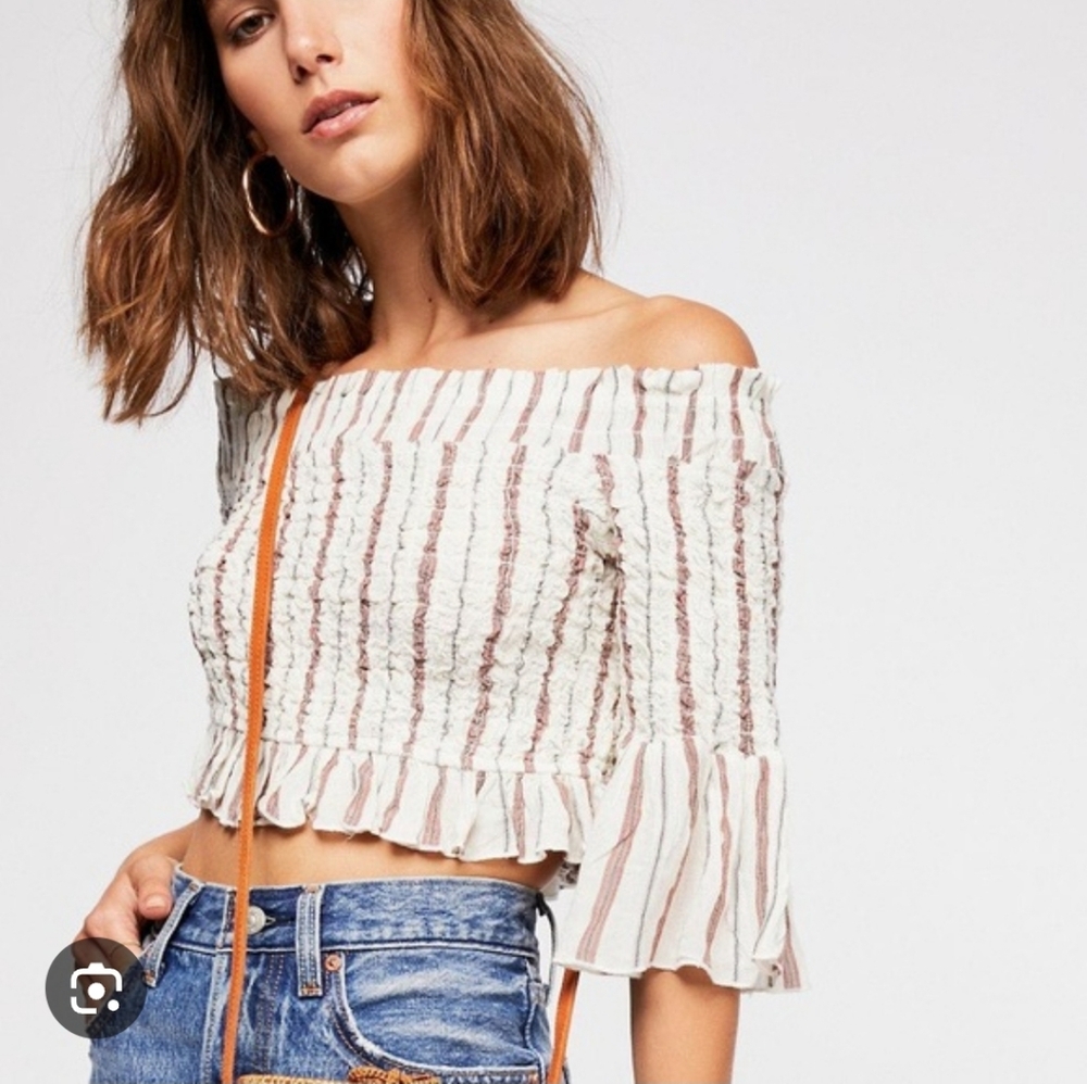 Free People Cream and Brown Striped Off-Shoulder Crop Top